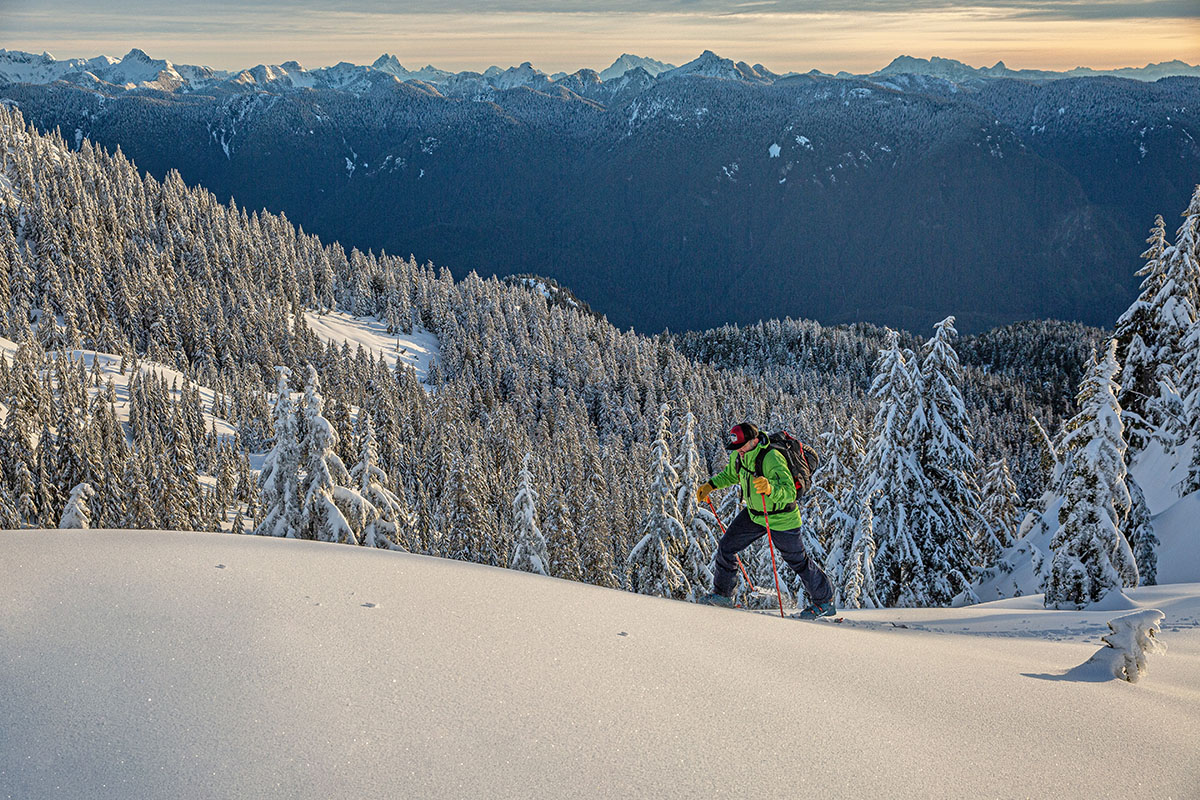 Ski jacket (Norrona Lofoten shell jacket skinning in backcountry)
